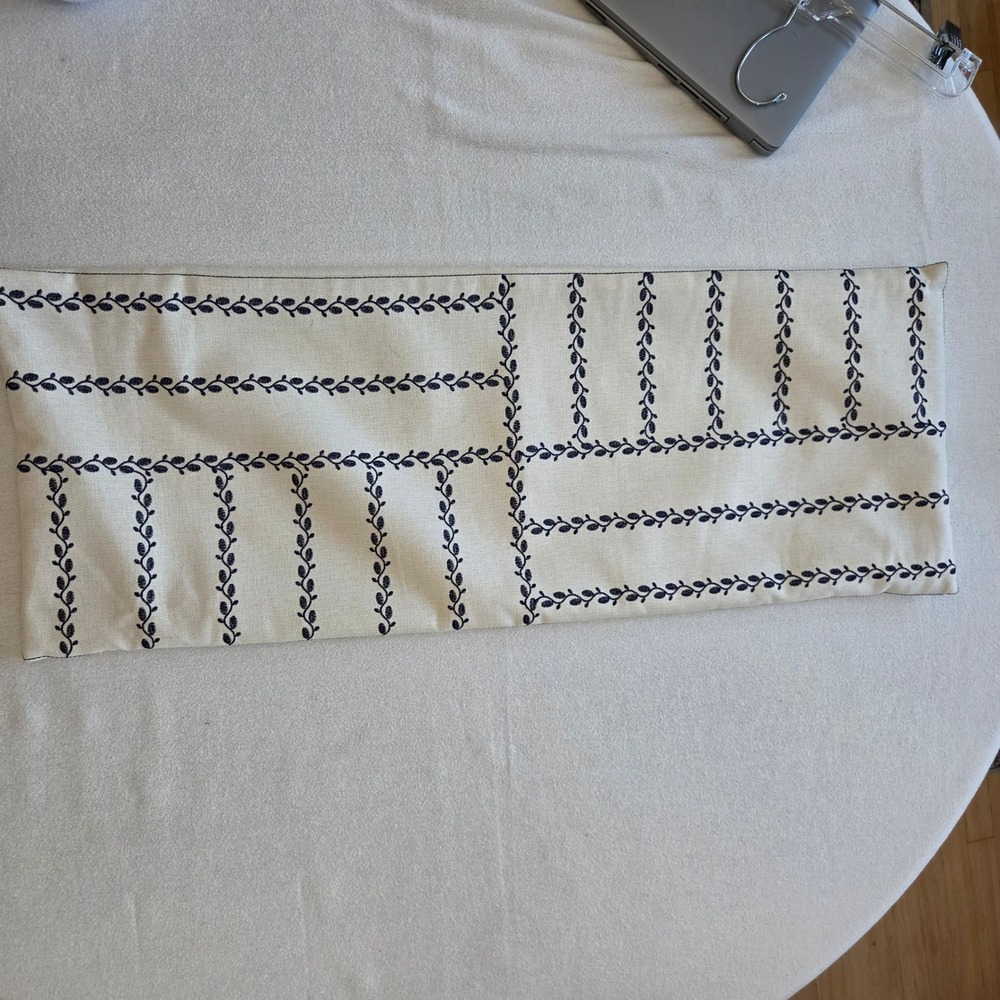 Navy Blue Embroidered Vine Cream Lumbar Pillow Cover 32x12 Hidden Zipper Woven